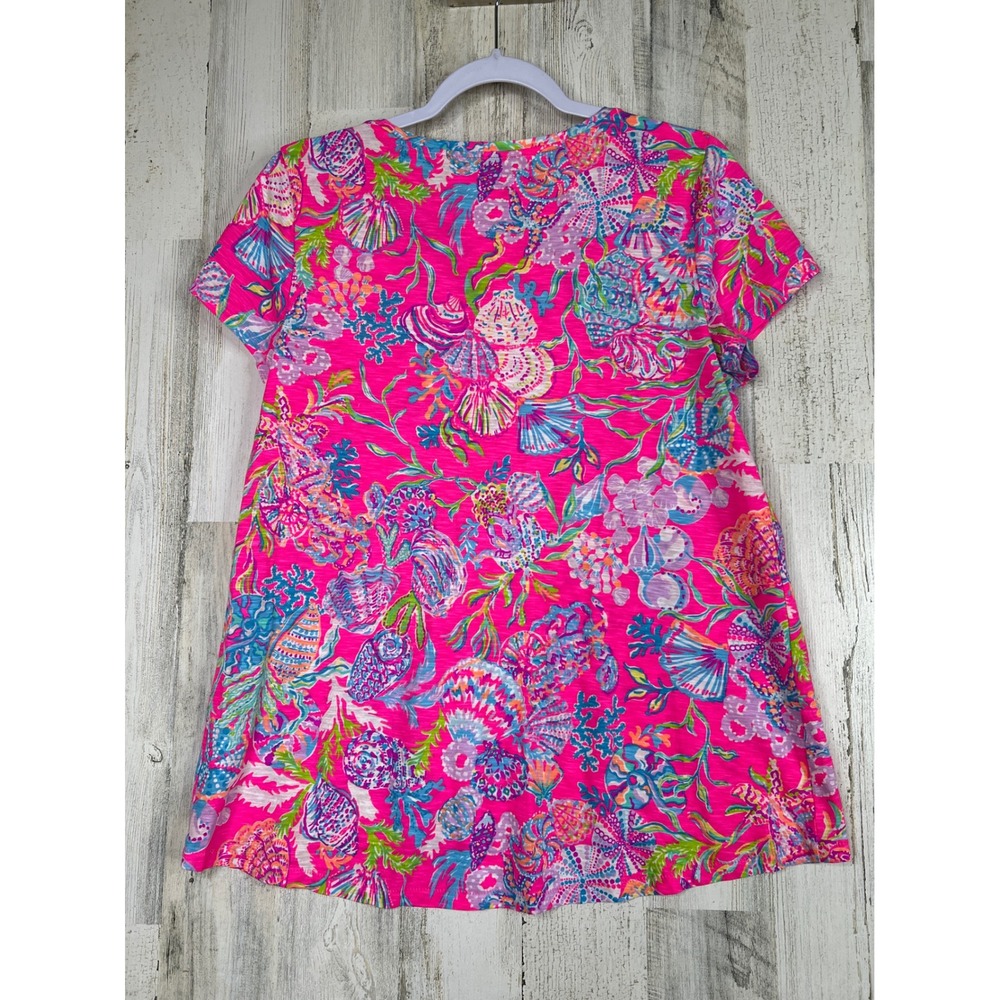 Lilly Pulitzer Etta Top M Pink Shell Print Cotton Retro Resort Coastal Beachy